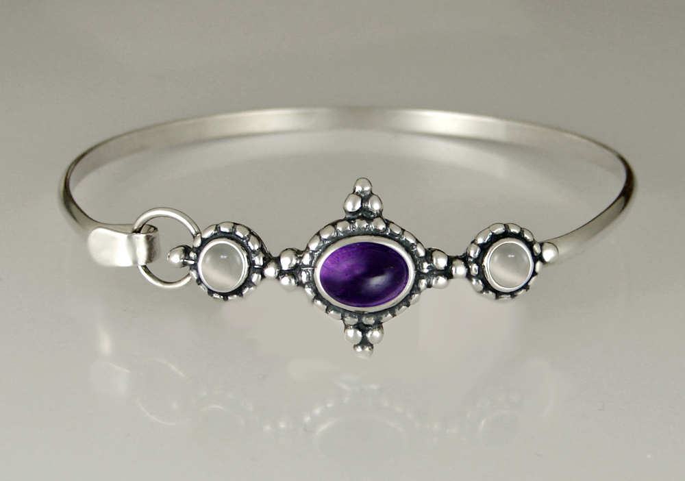 Sterling Silver Strap Latch Spring Hook Bangle Bracelet with Amethyst And White Moonstone